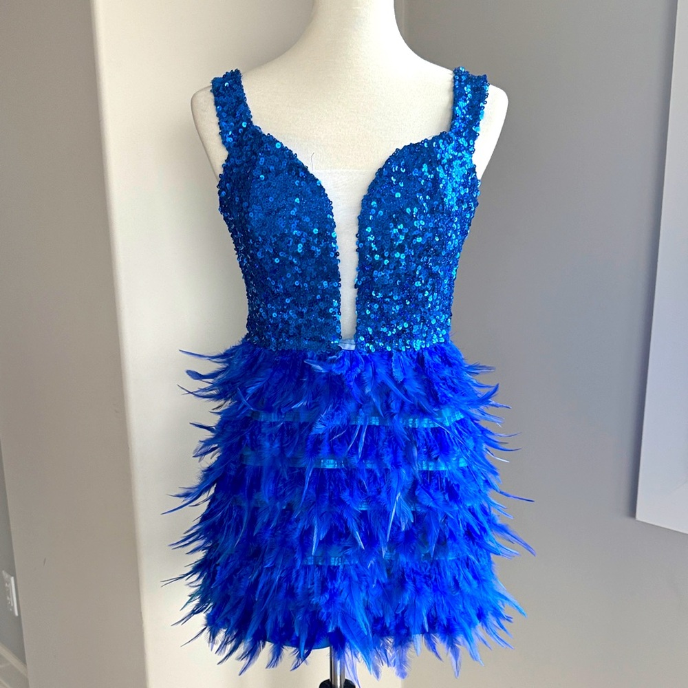 Blue Sequin and Feather Mini Dress